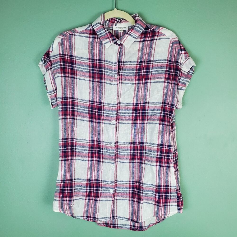 BeachLunchLounge Collection Plaid Linen Blend Button Down Top Size XS